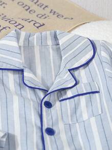 SHEIN 2pcs/Set Baby/Toddler Boys' Simple Classic Blue Stripe Cardigan & Pants Casual Home Outfit