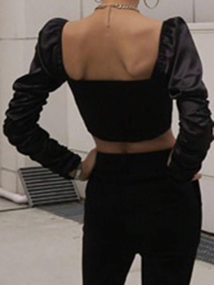 Women's Solid Color Puff Sleeve Cropped Black Long Sleeve Blouse, Spring/Summer