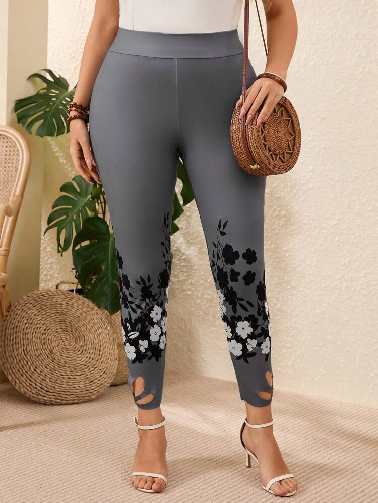 Plus Size Women's Grey Printed Leggings, Minimalist & Fashionable For Casual Daily Wear,Vacation Woman Plus Size, Tight-Fitting Pants,Vacation Woman,Suitable For Summer,Concert Women,Casual Everyday Wear.