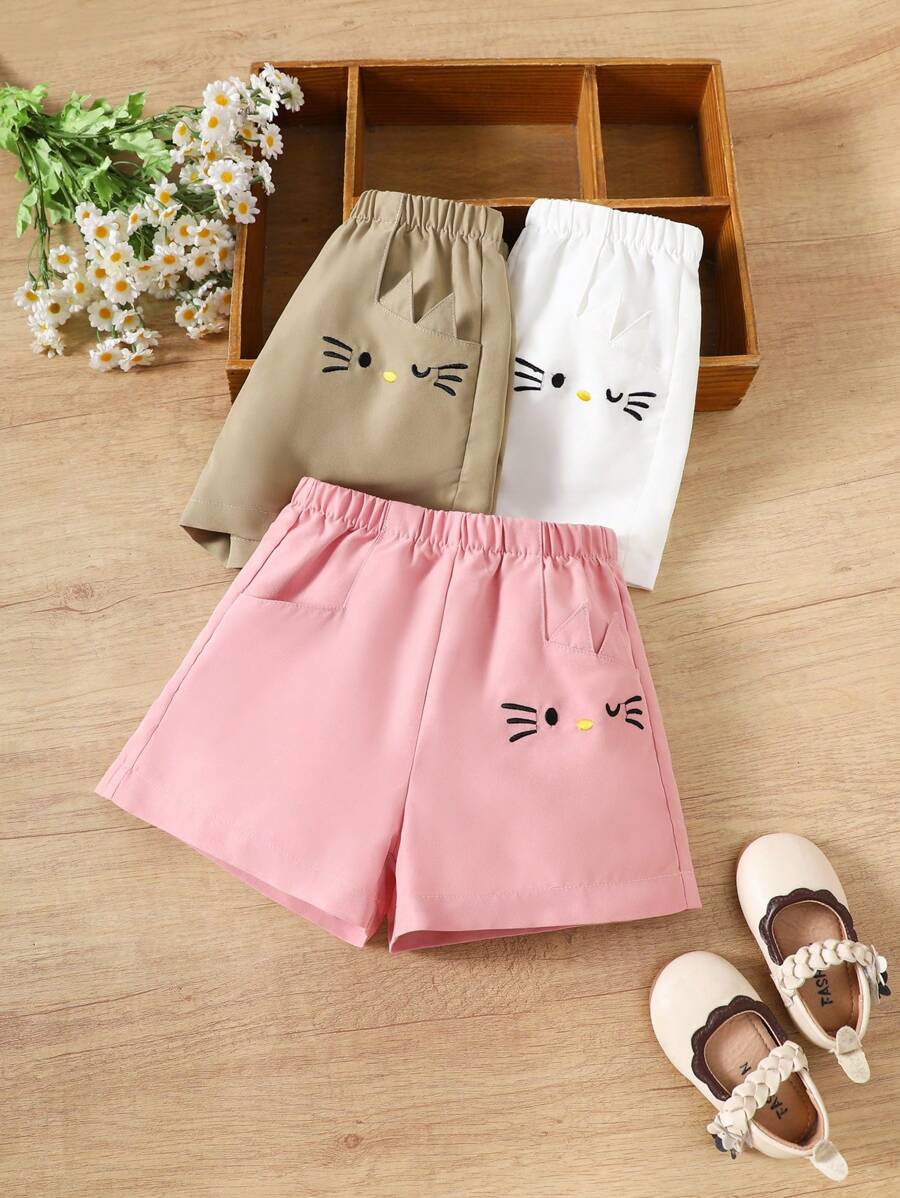 SHEIN 3pcs Set Young Girl Cute Cat Embroidery Ear Design Shorts,Pastel Pink,Summer Casual Suit Adorable 3D Ears Playful Charm,Suitable For Daily Wear - Multicolor - View 1