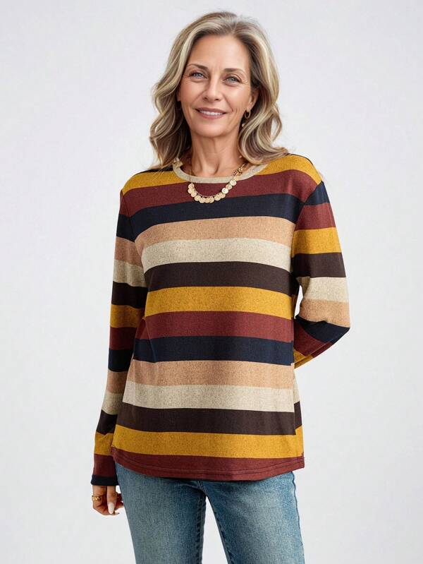 Miaspire 1pc Women's Round Neck Long Sleeve Striped Simple T-Shirt, Casual Everyday Wear Spring Clothes