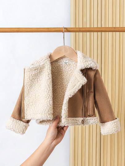 SHEIN Infants Unisex Baby Boys & Girls Autumn/Winter High Street Fashion Casual Thermal Lined Faux Suede Collar Long Sleeve Jacket Coat