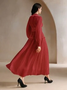 Anewsta Robe longue à taille haute unique avec insert de taille et manches bouffantes en tissu scintillant - Rouge foncé - Voir 2