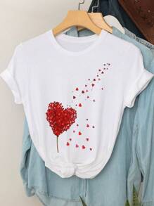Calvaya 情人节可爱心形和碎花小花朵女士加大码圆领短袖 T 恤，适合夏季 - 白色 - 查看 1