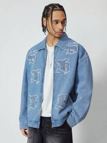 ROMWE MEN Street Life Men's Casual Denim Jacket With Letter Applique, For Autumn - Blue - View 1