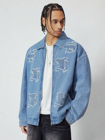 Street Life Giacca di jeans casual da uomo con applicazioni di lettere, adatta per l'autunno
