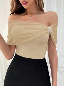 SHEIN Privé Women's Mesh Off Shoulder Pearl White Bodysuit - Apricot - View 6