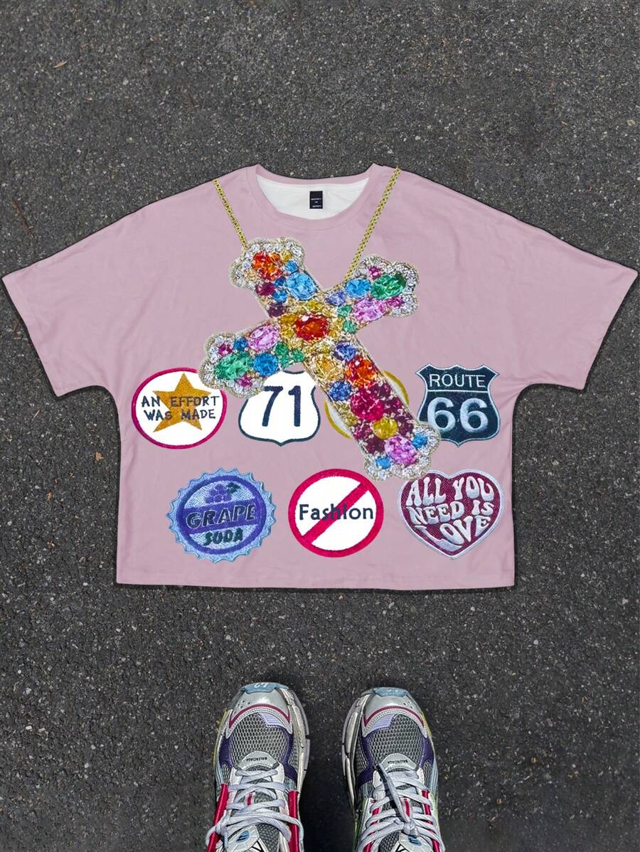Manfinity Streetrush Camiseta corta y recortada para hombres, con patrón de diamantes en colores grandes y sobresalidos, letra impresa con patrón pequeño surtido, camiseta blanca holgada estilo calle INS