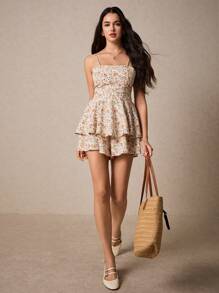 Poéselle 满身花卉印花系带露背多层下摆吊带连体衣茶会装婚礼女士连体衣女式连体衣荷叶边裙连体衣 - 杏色 - 查看 7