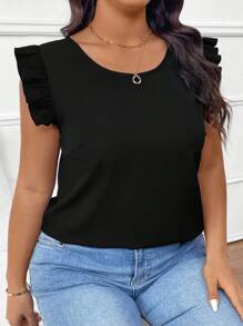 SHEIN Frenchy Plus Size Casual Elegant Leopard Print Tie Up Splice Cap Sleeve Round Neck Pullover Blouse - Black - View 5