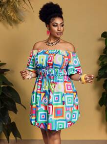Slaydiva Plus Size Women Geometric Print Off Shoulder Puff Sleeve Dress - Multicolor - View 5