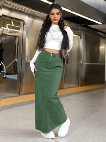 SHEIN EZwear Váy Maxi Denim Thẳng Dài Thường Ngày Có Túi Cho Nữ - màu xanh lá - Xem 6