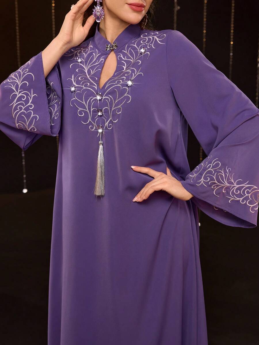 Al Najma 女士优雅长袖刺绣阿拉伯传统连衣裙、卡夫坦和贾拉比亚，朴素 - 紫色 - 查看 1