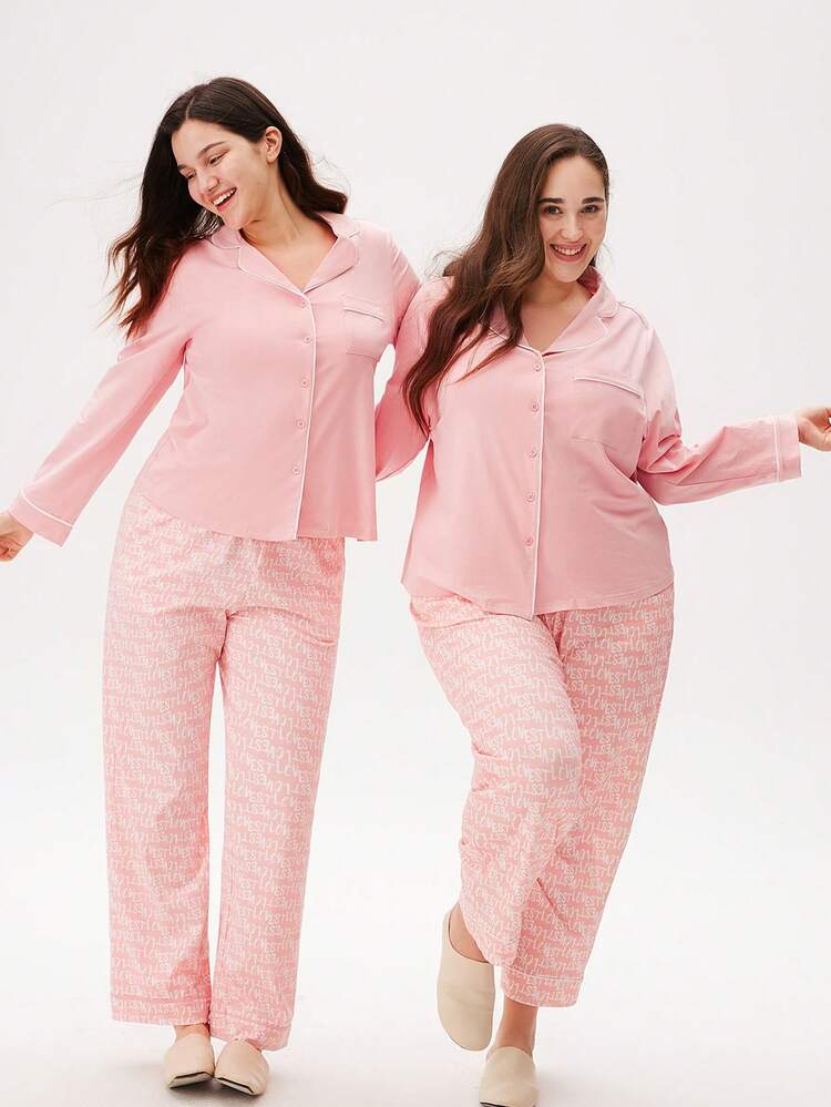 Conjunto de Pijama Lingerie Íntima Nupcial com Top de Botão com Recorte em Algodão Macio Rosa e Calça Estampada com Bolsos, Roupas de Descanso para Mulheres, Pijamas de Outono, Primavera e Verão