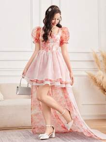 SHEIN Váy tuổi teen màu hồng loang lổ/Tie Dye/Nhiều lớp/Váy bánh/Tay bồng/Cổ tim ngọt ngào/Váy ngắn/Đuôi cực dài/Váy thanh lịch/Váy cổ điển/Váy sinh nhật/Váy công chúa/Váy tuyệt đẹp và dễ thương - Nhiều màu - Xem 3