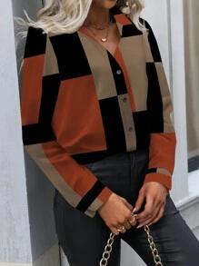 EMERY ROSE Women Geometric Print Long Sleeve Single Breasted Casual Blouse, For Autumn Women Shirt Fall Cloth For Women - Multicolor - View 3