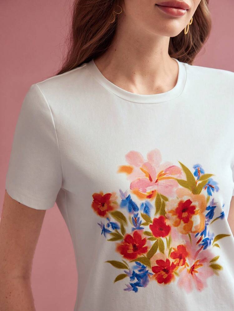 FLORAL PRINT SHORT SLEEVE T-SHIRT,SPRING/SUMMER