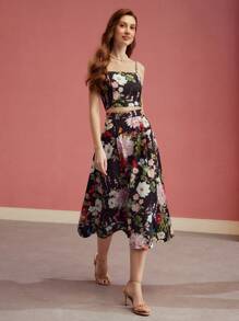 MOTF PREMIUM Conjunto de top de tirantes con estampado floral y falda evasé - Multicolor - Ver 6