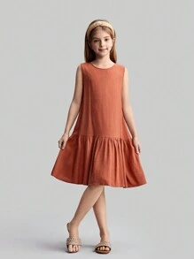 Ontre 青少年女孩宽松休闲短款纯色荷叶边下摆连衣裙 - 鏽棕色 - 查看 3