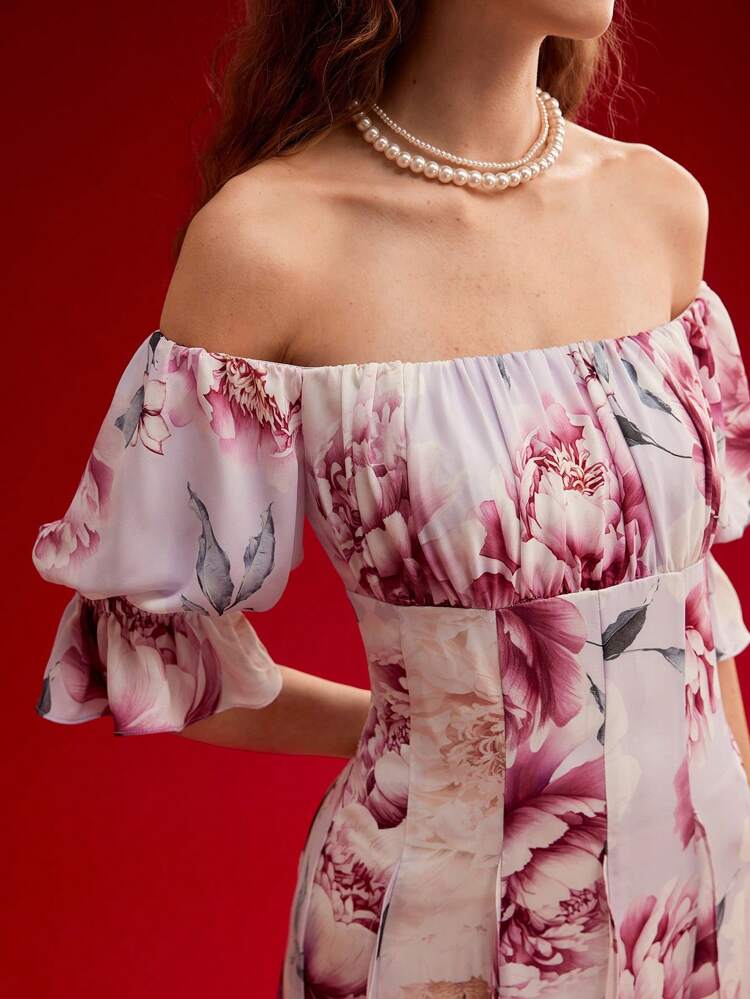 FLORAL PRINT DRAPED OFF SHOULDER DRESS,SPRING/SUMMER