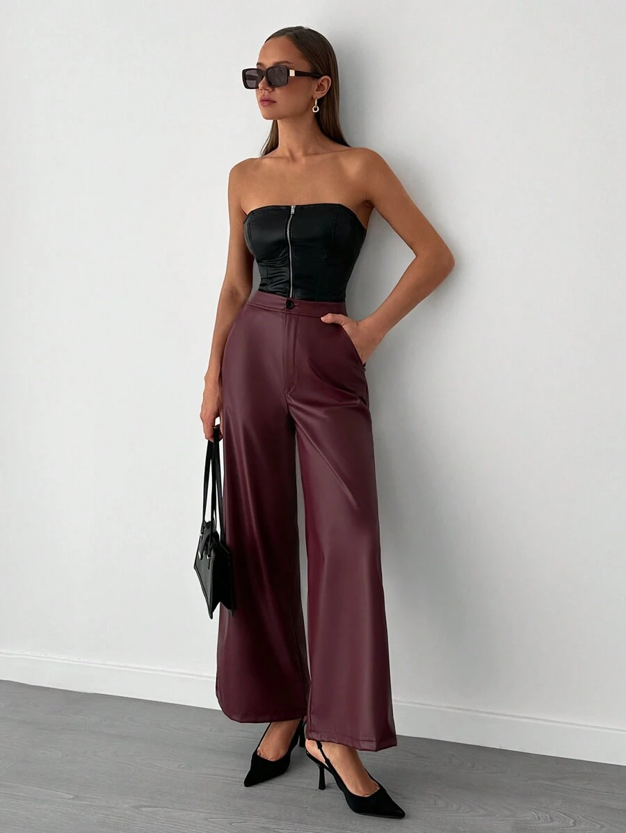 RueChic NEW SEASON COLOR BURGUNDY LEATHER WIDELEG PANTS - Burgundy - View 1