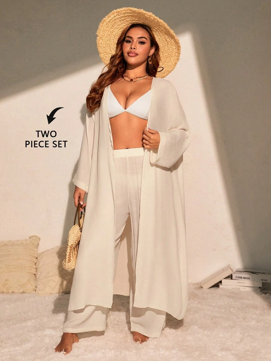 SHEIN Slayr CURVE 2 件套休闲基本款长款罩衫套装，加大码，适合夏季海滩度假 - 杏色 - 查看 1