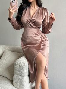 xheDAZY Vestido de manga abullonada con cuello en V, plisado y abertura lateral de unicolor de longitud media para mujeres, vestidos formales para mujeres, vestido largo de manga larga para otoñoxhe - Rosa - Ver 2