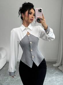 SHEIN PETITE New Patchwork 2 In 1 Hollow-Out Tailored Long Sleeve Top Shirt - Black and White - View 2