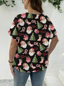 SHEIN Essnce Áo thun tay ngắn cổ chữ V họa tiết ông già Noel và bông tuyết đơn giản giản dị dành cho nữ cỡ lớn, phù hợp cho dịp Giáng sinh - trắng - Xem 2