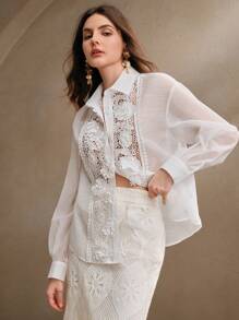 Anewsta Áo sơ mi nữ dài tay cổ khoét rỗng, màu trơn, thanh lịch, lãng mạn, viền ren hoa, thích hợp cho mùa xuân và mùa hè. - trắng - Xem 5