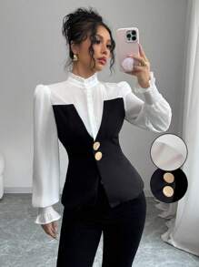 Almamuse 女士优雅荷叶边领子，撞色半透明雪纺拼接，灯笼褶皱袖口，大金属纽扣装饰长袖衬衫 - 黑色 - 查看 8