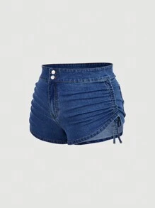 SHEIN MOD Plus Size Blue Denim Skinny Shorts, Casual & Stretchy Summer,Vacation Woman,Easter,Spring,Western,Office For Women,Rave,Baby Shower ,Cottagecore,Country Women,Old Money Style Women,Going Out,Festival,Rodeo,Airport