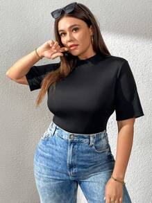 SHEIN Essnce Plus Size damska wiosna i lato moda swobodna wygodna codzienna podstawowa czarna pół-wysoki kołnierzyk średni rękaw smukły T-shirt, topy na wygięte kształty, ubrania wiosenne, ubrania damskie, topy bazowe, topy robocze - Czarne - Zobacz 5