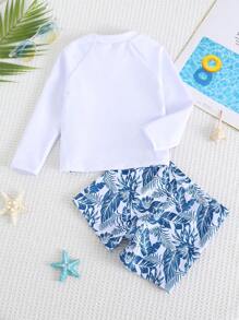 SHEIN Bộ đồ bơi dài tay in họa tiết lá cọ cho bé trai/bé gái, đồ đi biển thường ngày phù hợp cho mùa xuân, hè, thu, đông, bãi biển, hồ bơi, khu nghỉ dưỡng - trắng - Xem 2