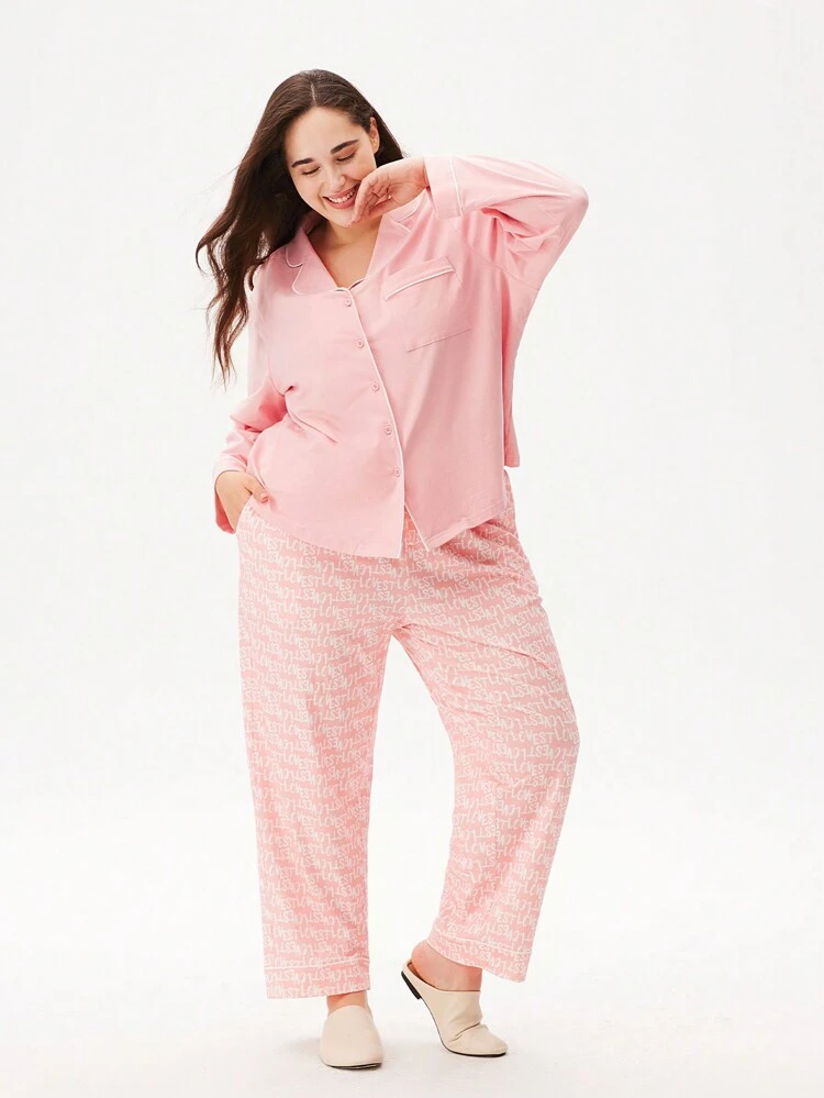 Conjunto de Pijama Lingerie Íntima Nupcial com Top de Botão com Recorte em Algodão Macio Rosa e Calça Estampada com Bolsos, Roupas de Descanso para Mulheres, Pijamas de Outono, Primavera e Verão