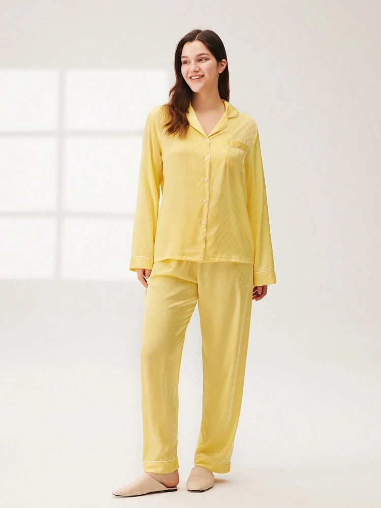 シルキーサテン レトロ フローラル ドット柄 ボタンアップ トップ&パンツ パジャマセット ポケット付きパンツ レディース ルームウェア セット 快適でエレガントな秋冬パジャマ 女性用インナー 春夏