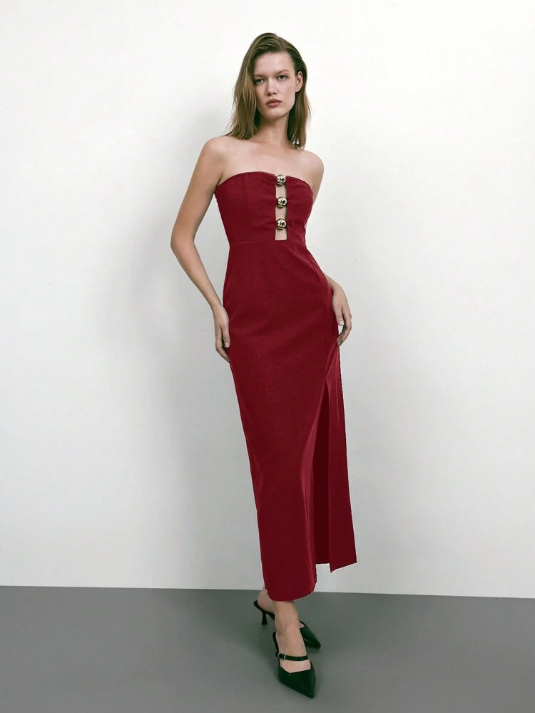 SHEIN Maija New Elegant Casual Black Dress With Gathered Waist And Gold Circle Decor, Suitable For Music Festival, Beach, Vacation, Daily Casual, Romantic Urban Getaway, Suitable For Parties, Weddings, Graduation, Vintage Look