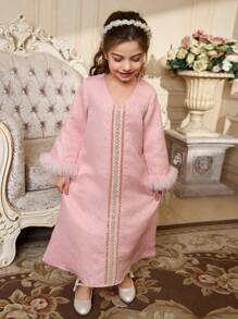 SHEIN Young Girl Loose Puff Sleeve Furry V-Neck Splicing Dress