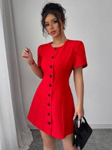 Elenzga Red Color Block Bow Decor Backless Short Dress - Red - View 4