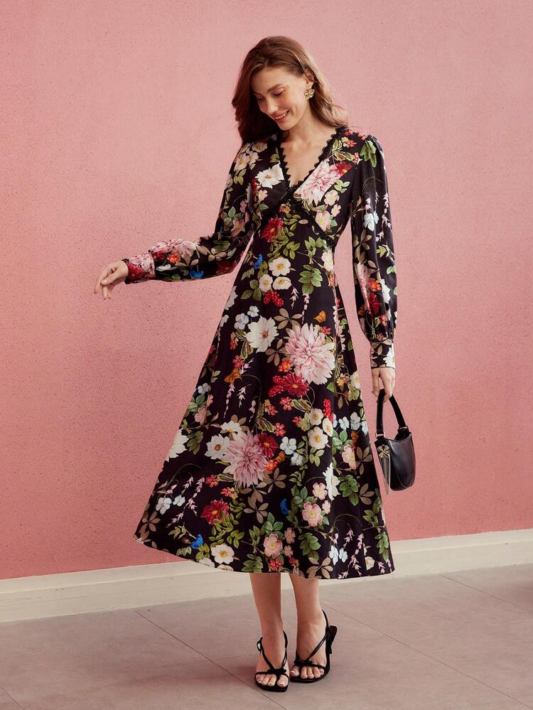 CONTRAST LACE FLORAL PRINT DRESS,SPRING/SUMMER
