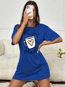 Cup & Letter Graphic Drop Shoulder Pajama Night Dress - Navy Blue - View 1