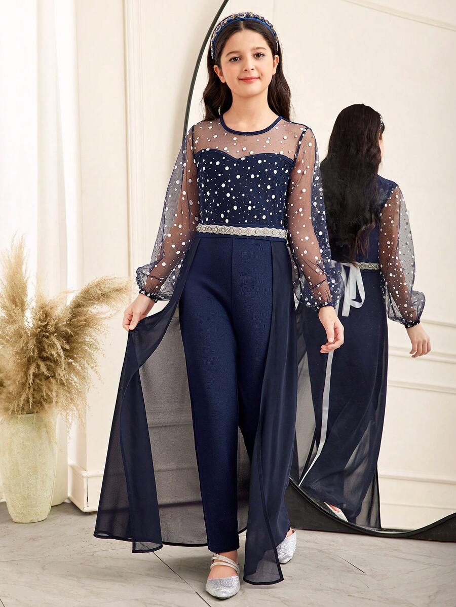 SHEIN Tween Girls Elegant Round Neck Mesh Puff Sleeve 2 In 1 Bottom Jumpsuit, Mommy & Me Matching Outfit - Royal Blue - View 1