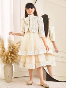 SHEIN مجموعة بنطلون وسترة قصيرة بكم 3/4 من السرج المخمل للفتيات المراهقات، جاكيت واقية بزر ماس بياقة طاقم أنيقة، وفستان شبكي بطبقات