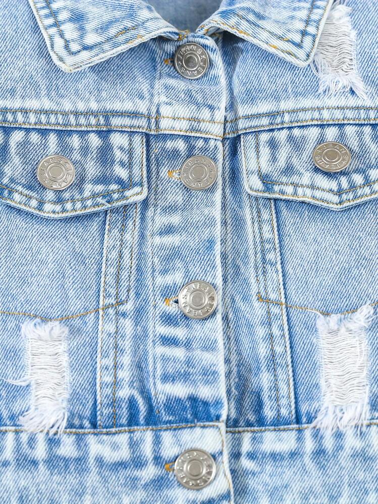 SHEIN Elladie kids Young Girl Personalized Versatile Comfortable Casual Street Fashion Soft Denim Jacket, Thin Style For Summer - Light Wash - View 3