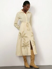 Aveloria Modichic Elegant Vacation Fashion Dress With Palm Tree Embroidery And Beaded Waist Tie, Long Sleeve Fall Cloth For Women - Apricot - View 3