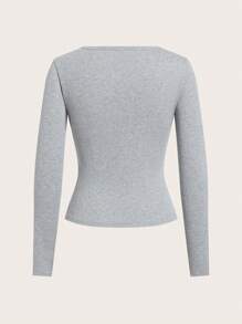 SHEIN EZwear Women's Knight Print Round Neck Long Sleeve Button-Up Casual T-Shirt - Black - View 7