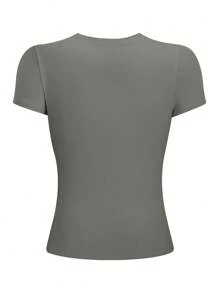 Jouncy Women Solid Color Slim Fit Casual Round Neck Short Sleeve T-Shirt - Dark Grey - View 2