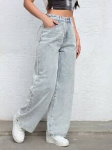 女式纽扣前口袋简约设计休闲牛仔裤 - 淺色水洗藍 - 查看 6