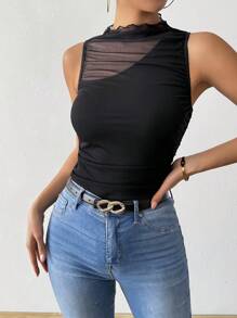 Chiquease Women's Sleeveless Mesh Patchwork Sheer Pleated Camisole