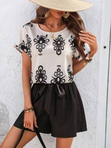 EMERY ROSE 2pcs Women Vacation Casual Contrast Color Print Short Sleeve & Shorts Set